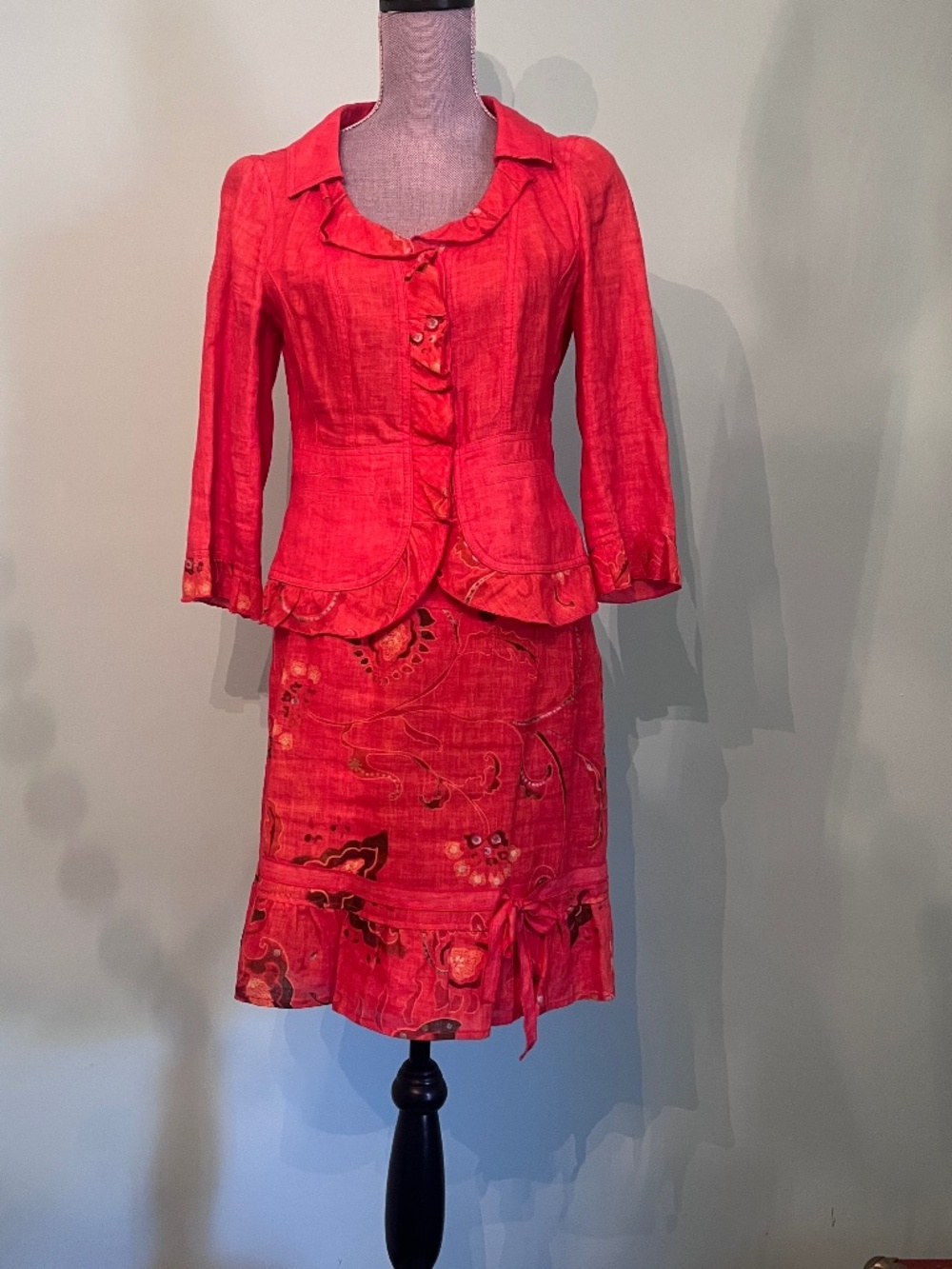 Bosca Paris Linen Two-Piece Summer Suit Lined Gathered Hem Bow Accent 42EU NWOT